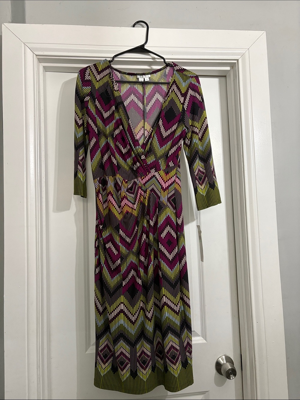 London Times Olive & Magenta Geometric Midi Wrap Dress
